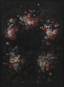 Steinkartouche med frukt- og blomsterkrans
