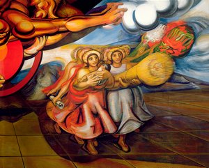 Meksikanske kvinner, med barna sine og produktene av deres arbeid, marsjerer for å kreve rettighetene deres, fra syklusen "Det meksikanske folket krever sosial sikkerhet" (fresco)