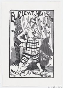 En klovn som står med en hånd på hoften og en elefant som titter ut bakfra..., ca. 1880-1910. av José Guadalupe Posada