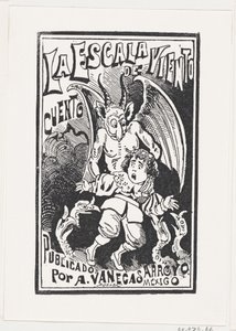 En demon som holder en ung gutt ved skuldrene over en gruppe gribber, illustrasjon..., ca. 1880-1910. av José Guadalupe Posada