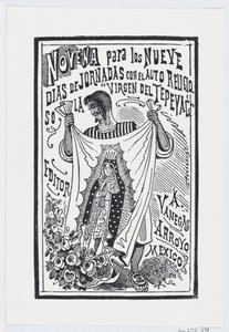 En mann som holder opp et stykke stoff med et bilde av jomfruen, illustrasjon for ..., ca. 1880-1910. av José Guadalupe Posada