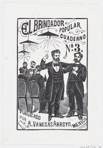 En mann hever glasset med en gruppe menn som sitter ved et bord i bakgrunnen,..., ca. 1890-1899. av José Guadalupe Posada