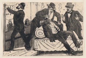 En mann knivstikker en annen mann i brystet mens hans kollegaer plyndrer en butikk, fra en..., ca. 1890-1891. av José Guadalupe Posada