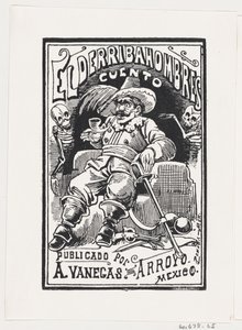 A man with weapons and a pipe in his mouth flanked by two skeletons, illustration..., ca. 1880-1910.    1146473   no       norwegian Successfully Translated  Original: Flowers with Yellow Rose Translat: Flowers with Yellow Rose 1316742 no norwegian Success av José Guadalupe Posada