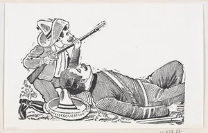 En revolusjonær som holder en rifle og kneler for å beskytte en fallen revolusjonær, ca. 1880-1910. av José Guadalupe Posada