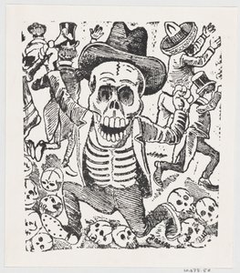 Et skjelett som holder et bein og hopper over en haug med hodeskaller mens folk flykter, fr..., ca. 1907. av José Guadalupe Posada