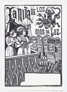 En kvinne og en mann som står på en balkong og ser opp på et flygende monster på himmelen..., ca. 1880-1910. av José Guadalupe Posada