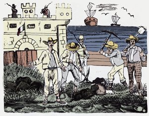 Den meksikanske revolusjonen (1910-1920): Grupper av fanger ved tvangsarbeid - Xylografi av Jose Guadalupe Posada (1852-1913) av José Guadalupe Posada