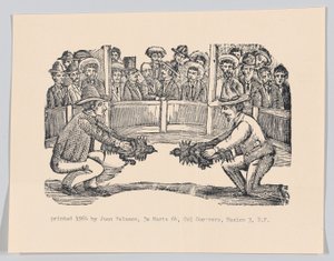 To menn på en arena som holder haner som forberedelse til kamp, spe..., ca 1890-1910 gjengitt 1964. av José Guadalupe Posada