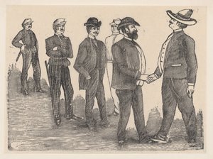 To menn håndhilser i forgrunnen og offiserer ser på dem i bakgrunnen..., ca. 1880-1910. av José Guadalupe Posada