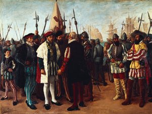 "Den franske kongen Francois I (1494-1547) i havnen i Valencia " 1800-tallet (maleri) av Jose Bru Albinana