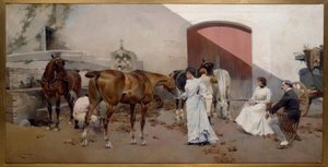 J.Cusachs y Cusachs, Pferdewechsel / Gemälde, 1901 av Jose Cusachs y Cusachs