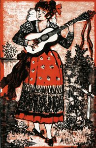 Cover av en sangbok som representerer en meksikansk kvinne med en gitar. Gravering av Jose Guadalupe POSADA (1852-1913). Gravering av José Guadalupe Posada