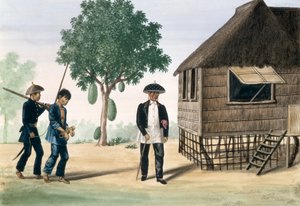 En fange ledet av en politimann og en rådmann, fra "The Flebus Album of Views In and Around Manila", ca. 1845