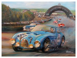 John Manuel Fangio på Le Mans 1950 Gordini Typr 18S (akryl på lerret)