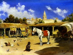 En gårdsplass i Murcia, med katedraltårn (olje på panel) av Jose Marin Baldo