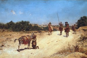 Møtet mellom Sancho Panza og hans esel Rucio, Illustrasjon av Don Quijote, ca. 1878 (olje på lerret) av Jose Moreno Carbonero
