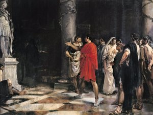 Jules Cesar (Caius Iulius Caesar) (101-44 f.Kr.) står foran statuen av Alexander den store i tempelet til Hercules av Cadiz (Gadir) (olje på lerret) av Jose Morillo Ferrada
