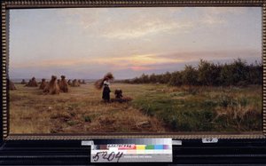 Høst i kveldslyset. (Høst i kveldslyset). To kvinner som jobber i en åker full av høystakker. Maleri av Iosiph Evstafievich Krachkovsky (1854-1914), olje på lerret av Josef Evstafievich Krachkovsky