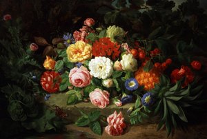 Stilleben av sommerblomster (roser, primulaer) og frukt (ananas, kirsebær). Maleri av Josef Lauer (1818–1881). Privat samling.