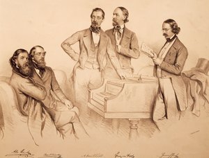 Gruppeportrett av wienermusikere og komponist: Franz von Suppe', Carl Binder, Anton Storch, Heinrich Proch og Anton Emil Titl, litografi av Josef Kriehuber