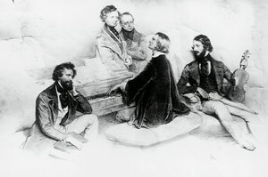Matiné hjemme hos Liszt, fra venstre til høyre, Kriehuber, komponist Hector Berlioz (1803-1869), Carl Czerny (1791-1857) Liszts lærer, Franz Liszt (1811-1866) og fiolinist Heinrich Wilhelm Ernst (1840-1865), Litografi av Josef Kriehuber (1800-1876)