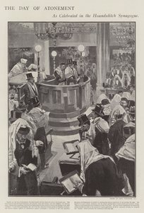 Feirer den jødiske forsoningsdagen i Houndsditch Synagogue, London (litho) av Joseph (after) Finnemore