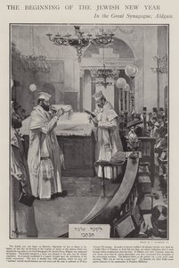 Feirer begynnelsen av det jødiske nyttåret i den store synagogen, Aldgate, London (litho) av Joseph (after) Finnemore