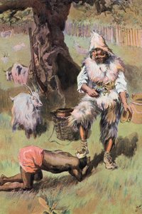 Robinson Crusoe: Han plasserer foten min på hodet hans (farge litho) av Joseph (after) Finnemore