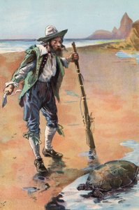 Robinson Crusoe: Jeg finner en skilpadde (farge litho)