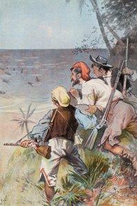 Robinson Crusoe: Invadert av villmenn (farge litho) av Joseph (after) Finnemore