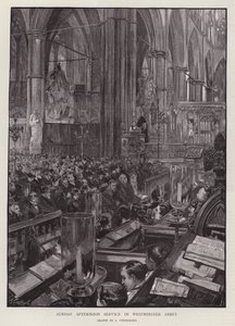 Søndag ettermiddagsgudstjeneste i Westminster Abbey, London (litho) av Joseph (after) Finnemore