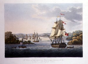 Havnen i Port Cornwallis. Island of Great Andaman, med flåten under veiing for Rangoon, gravert av G. Hunt, pub. av Kingsbury & Co., London av Joseph (after) Moore