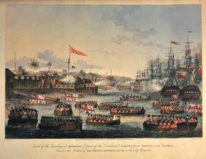 Utsikt over landingen ved Rangoon av en del av de kombinerte styrkene fra Bengal og Madras, under ordre fra Sir Archibald Campbell, den 11. mai 1825, gravert av Henry Pyall (1795-1833) 1825 (håndfarget akvatint) av Joseph (after) Moore