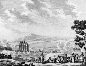 Fransk revolusjon og ankomst av de kontrarevolusjonære styrkene til den østerrikske hæren: Bombardement av byen Lille (25. september av Joseph (after) Swebach Desfontaines