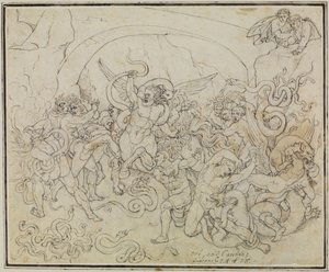 Tyvenes straff i slangenes og dragenes dal (Dantes Inferno, sang 25, V 17) av Joseph Anton Koch