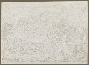 Grindelwaldbreen med jeger og bondepike i forgrunnen, ca. 1823. av Joseph Anton Koch