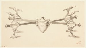 Design for et tallerkenstativ med forlengende armer og en liten spritlampe