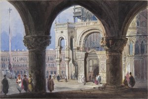 Kirken og Piazza San Marc i Venezia, limt inn i Thomas Moodys Journal of a tour through Sveits og Italia, 1822 (wc på papir) av Joseph Axe Sleap