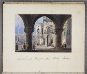 Kirken og Piazza San Marc i Venezia, limt inn i Thomas Moodys Journal of a tour through Sveits og Italia, 1822 (wc på papir) av Joseph Axe Sleap