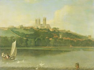 En utsikt over katedralen og byen Lincoln fra elven, ca. 1760 av Joseph Baker