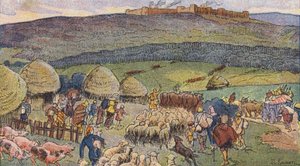 Bibracte, en by i Gallia bebodd av smeder og et tilfluktssted i tider med fare (farge litho)