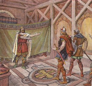Chlothar I ser føttene til leiemorderne som ble beordret til å drepe ham av broren Theuderic (farge litho)