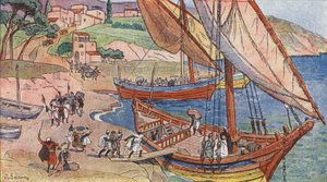 Sarasenere plyndrer på kysten av Middelhavet (farge litho)