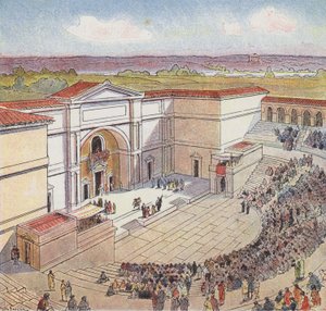 Amfiteateret bygget av romerne i Autun (farge litho)