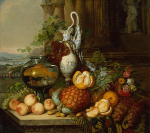 Stilleben med frukt, fiskebolle og landskap av Joseph Biays Ord