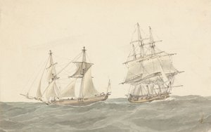Barquentine og fregatt i tungt hav av Joseph Cartwright