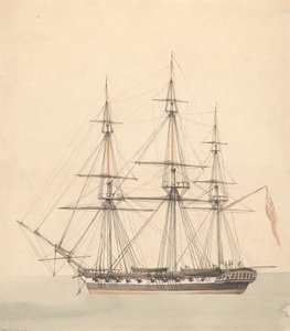 Enkel korvett (?) med tre figurer i marineuniformer og Union Jack av Joseph Cartwright