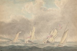 Two Sloops of War, One Barque and One Schooner (?), Sterns Forward, in Heavy Seas; Flere seilfartøy i bakgrunnen av Joseph Cartwright