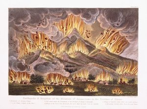 Jordskjelv og utbrudd av fjellet Asama-yama i provinsen Sinano, 1822 av Joseph Constantine Stadler